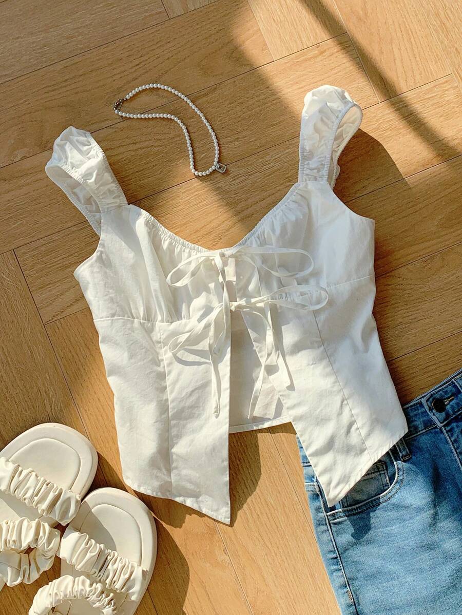 Comfortcana Ruched Bust Tie Front T-Shirt - White - View 1