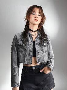 SHEIN Explorewe Teen Girl Black & Grey Distressed Casual Everyday Versatile Denim Jacket - Grey - View 7