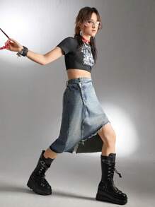 SHEIN Explorewe Teenage Girls' Y2K Asymmetrical Skirt - Light Wash - View 1