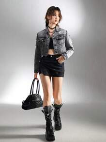 SHEIN Explorewe Teen Girl Black & Grey Distressed Casual Everyday Versatile Denim Jacket - Grey - View 3
