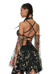 ROMWE Fairycore Áo crop top dài tay thêu hoa có ren phía trước, Lễ hội Rave - màu đen - Xem 4