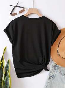 Sparklyn Tween Girl Summer Short Sleeve Casual T-Shirt With Letter Print Round Neck - Black - View 2