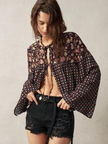 Bohemela Women's Vintage Shirt With Floral Pattern And Tie Front For Pre-Vacation - Multicolor - View 6