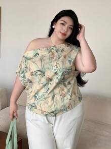 Dazy Plus 大码印花不对称领口优雅宽松上衣，适合夏季度假穿着 - 杏色 - 查看 6