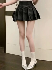 DAZY Women's Solid Color Pleated PU Skirt, Summer Leather Skirt - Black - View 3