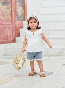 Blusa con volantes y bordado de ojales para bebé niña con cuello en V - Blanco - Ver 3