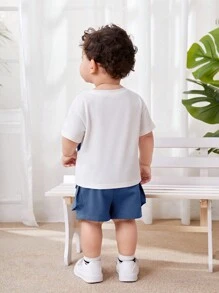 SHEIN Baby Jungen Lässig Set aus Rundhals-Farbblock Kurzarm T-Shirt mit Buchstaben Muster und Shorts