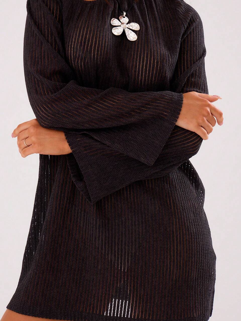 Sheer Knit Asymmetrical Shoulder Long Sleeve Mini Dress Spring Sexy Cute Summer