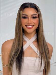 蜜金色挑染无胶假发真人发质直发巴西式 13x4 蕾丝前部假发女士彩色 1B/27 渐变色黑色和金色全额渐变假发预剪透明蕾丝自然发际线 - SNATURAL/27 - 查看 3