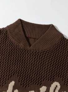 ANDREILEE Men's Hollow Out Short Sleeve Letter & Number Knit Top - Brown - View 3