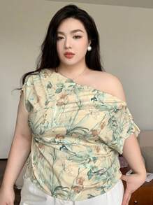 Dazy Plus 大码印花不对称领口优雅宽松上衣，适合夏季度假穿着 - 杏色 - 查看 7