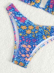 SHEIN Swim Floral Print Smocked Halter Triangle Bikini Set Summer