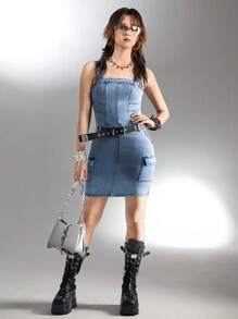 SHEIN Explorewe Y2K Style Fitted Stretchy Denim Dress For Teen Girls, Streetwear