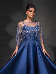 New Elegant Lace Mesh Shoulder Strap A-Line Evening Dress With Shawl - Blue - View 7