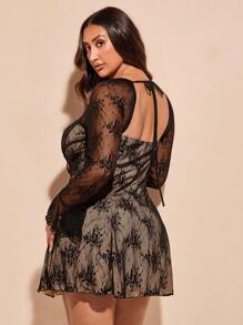 SHEIN BAE Váy chữ A viền ren xẻ tà cỡ lớn cho nữ/Váy dự tiệc trà/Váy màu be cho nữ/Váy bèo nhún/Váy mùa hè cho nữ/Váy mùa xuân - màu đen - Xem 2