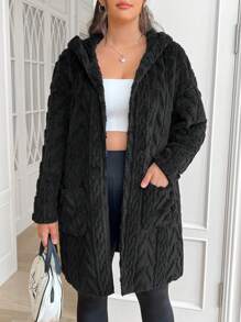 SHEIN EZwear Plus Size Coat With Barley Texture Jacquard Thermal, For Winter Fall Autumn - Black - View 2