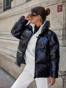 EURMUSE Puffer Jacket With Snap Buttons And Adjustable Waist Hem, Young And Warm - Black - View 4