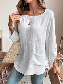 EMERY ROSE 椰子鈕圓領保健長袖襯衫 - 白色 - 查看 8