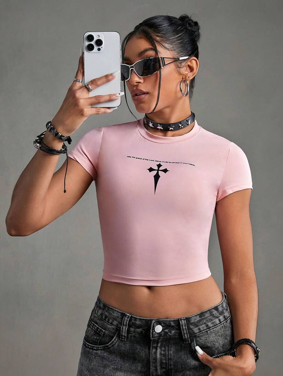 Streetz SHEIN Sport Slogan Graphic Crop Sports Tee - Pink - View 1