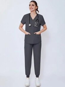 Women's Matte Running Elastic Nurse Uniform, Scrub Surgical Gown With Pockets, Breathable, Anti-Pilling And Anti-Static, 2pcs/Set, Nursing Clothes - Grey - View 4