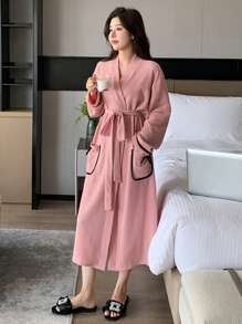 DAZY 纹理面料拼色设计双口袋睡袍睡衣 - 粉色 - 查看 6