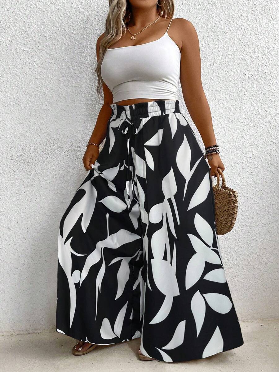 Plus Graphic Print Paperbag Waist Wide Leg Pants Fall Cloth For Women - Black and White - View 1