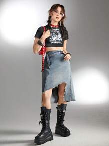 SHEIN Explorewe Teenage Girls' Y2K Asymmetrical Skirt - Light Wash - View 3