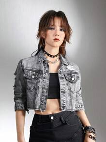 SHEIN Explorewe Teen Girl Black & Grey Distressed Casual Everyday Versatile Denim Jacket - Grey - View 4