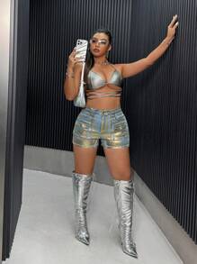 SHEIN ICON 夏季加口袋荷葉邊牛仔短褲 - 中等水洗藍 - 查看 6