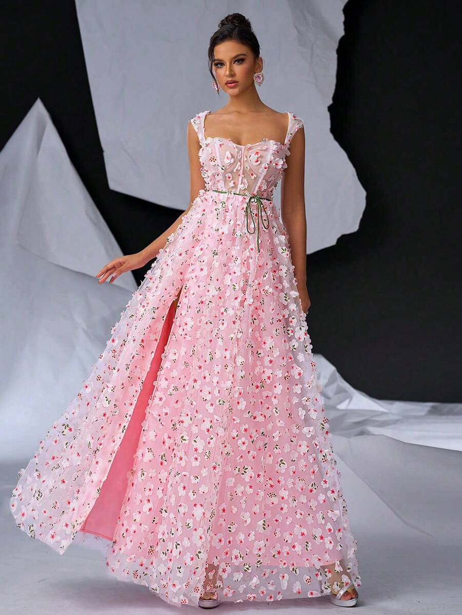 Glamrae Đầm dạ hội dày dặn, cổ vuông, tay lửng, họa tiết hoa ba chiều, màu hồng lãng mạn thanh lịch, cạp chun, xẻ cao, có thể điều chỉnh độ rộng, viền A - Màu Hồng baby - Xem 1