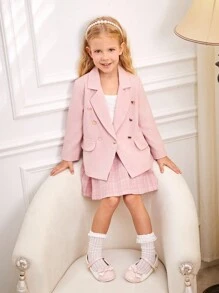 SHEIN Girls Casual Pink Plaid Blazer Jacket, White Top And Skirt 3pcs Set, Autumn/Winter New Arrival. This Set Uses A Pink Plaid Fabric With Pleated Skirt, And A Faux Pearl Elastic Waist Belt, Giving A Fashionable And Professional Look, Suitable For Daily And Formal Occasions, Allowing The Child To Show Confidence And Style. - Baby Pink - View 6