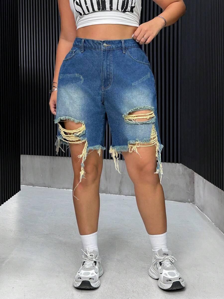 SHEIN ICON Quần short denim đau khổ hàng ngày màu trơn đơn giản dành cho nữ Plus Size - Màu xanh lam - Xem 1