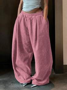 SHEIN 固色褶皺休閒寬褲，適用於日常穿著 - 粉色 - 查看 3