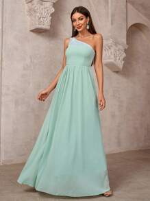 SHEIN Belle Ladies' Solid Color Simple Daily Asymmetrical Neck Dress - Green - View 4