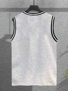 Camiseta sin mangas para hombre con gráfico de letras y ribete de contraste - Gris - Ver 2