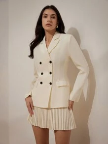 Aveloria Modichic Collared Double-Breasted Suit Jacket With Belt And Pleated A-Line Mini Skirt Set Fall Cloth For Women - Beige - View 4