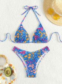 SHEIN Swim Floral Print Smocked Halter Triangle Bikini Set Summer