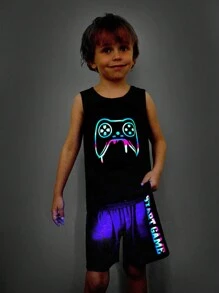 SHEIN Bộ 2 Bộ Đồ Ngủ Mặc Ở Nhà Chống Cháy Thông Thường Cho Bé Trai Mùa Hè, Bộ 2 Chiếc, Bảng Điều Khiển Trò Chơi Ban Đêm In Áo Tank Top Và Quần Short Thông Thường - màu đen - Xem 1