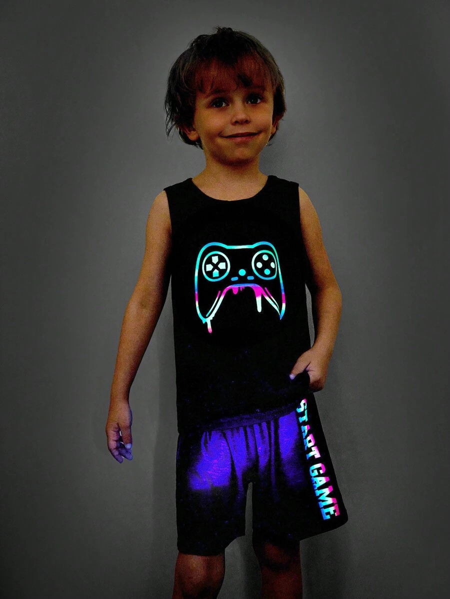 SHEIN Bộ 2 Bộ Đồ Ngủ Mặc Ở Nhà Chống Cháy Thông Thường Cho Bé Trai Mùa Hè, Bộ 2 Chiếc, Bảng Điều Khiển Trò Chơi Ban Đêm In Áo Tank Top Và Quần Short Thông Thường - màu đen - Xem 1