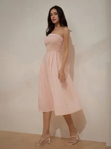 GENKIRA 實色無肩帶紋理露背連身裙，附拉鍊 - 淺粉色 - 查看 1