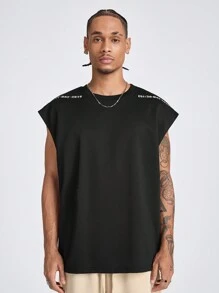 Manfinity RebelGame Men's Loose Fit Round Neck  Tank Top With English Letter Prints, Suitable For Summer - Black - View 1