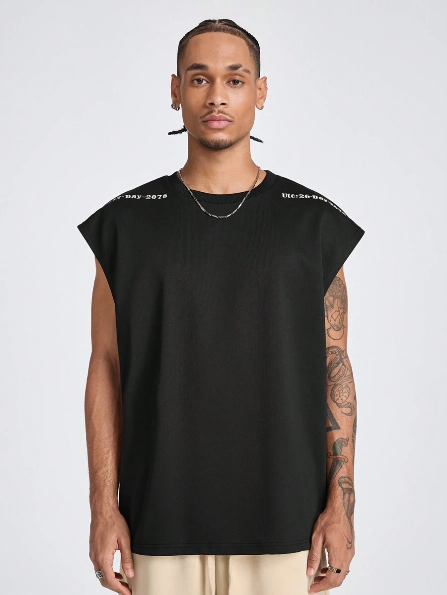 Manfinity RebelGame Men's Loose Fit Round Neck  Tank Top With English Letter Prints, Suitable For Summer - Black - View 1
