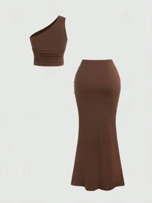 Sweetra Conjunto de verano de top plisado con cuello asimétrico en unicolor y falda con cordón en la cintura - Estilo Y2K - Marrón - Ver 2
