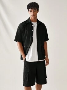 SWAVVY Men's Summer Solid Color Workwear Woven Casual Shirt & Shorts Set With Pockets