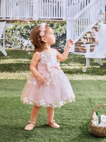 SHEIN Glamorique Kids Baby Girl Elegant Embroidered Mesh Dress, Suitable For Daily Casual Wear, Parties And Other Occasions, New Style For Spring And Summer