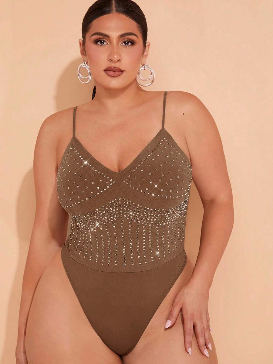 Hauture Rhinestone Studded Cami Bodysuit - Brown - View 1