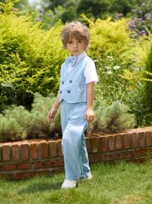 Conjunto para niños pequeños de chaleco de tela de malla azul estilo caballero con doble botonadura, decorado con pajarita y pantalones largos, adecuado para todas las estaciones. Se puede combinar con camisa de manga larga/corta. Ideal para fiestas. - Azul - Ver 4