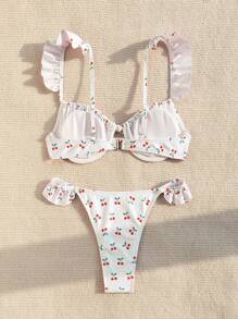 Swim Mod Women's Summer Beach Cherry Print Ruffled Front-Tie Sexy Bikini Set - Multicolor - View 7