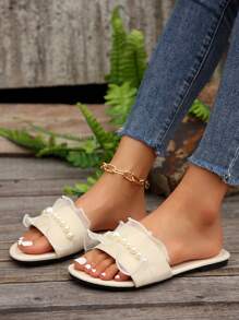 Women Faux Pearl Decor Ruffle Trim Slide Sandals, Elegant Sandals Valentines - Beige - View 5