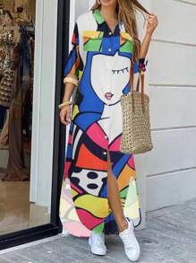 Damen Mode Langarm Blume Muster Hemdkragen Langes Lässiges Elegantes Kleid - Verschiedenfarbig - Übersicht 4